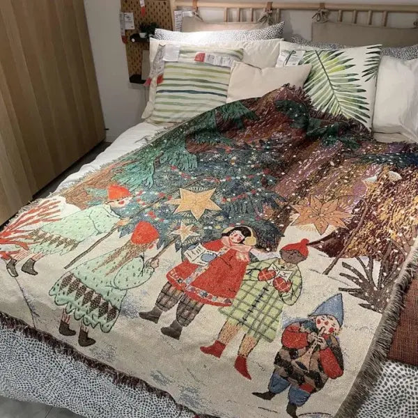 Retro Village Sofa Blanket Cotton Thread Throw Christmas Living Room Leisure Sofa Cover Winter Knitted New Years Gifts