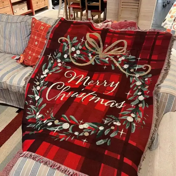 Retro Village Sofa Blanket Cotton Thread Throw Christmas Living Room Leisure Sofa Cover Winter Knitted New Years Gifts