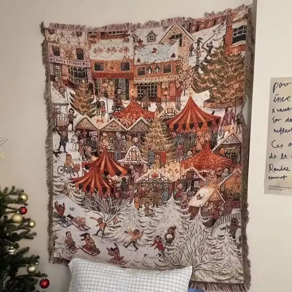 Retro Village Sofa Blanket Cotton Thread Throw Christmas Living Room Leisure Sofa Cover Winter Knitted New Years Gifts