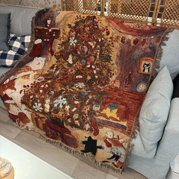 Retro Village Sofa Blanket Cotton Thread Throw Christmas Living Room Leisure Sofa Cover Winter Knitted New Years Gifts