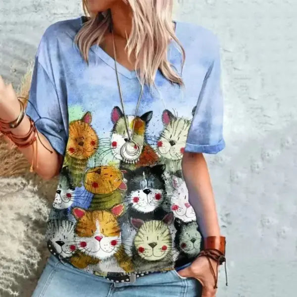 Women’s Retro Anime Cat Graphic T-Shirt – Harajuku V-Neck Summer Tee Kawaii Aesthetic Oversized Blouse Vintage Japanese