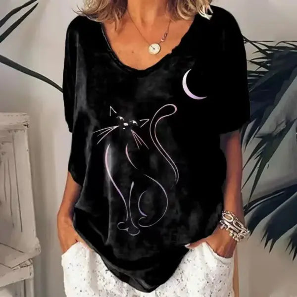 Women’s Retro Anime Cat Graphic T-Shirt – Harajuku V-Neck Summer Tee Kawaii Aesthetic Oversized Blouse Vintage Japanese
