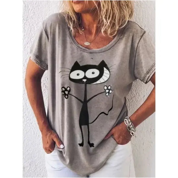 Women’s Retro Anime Cat Graphic T-Shirt – Harajuku V-Neck Summer Tee Kawaii Aesthetic Oversized Blouse Vintage Japanese