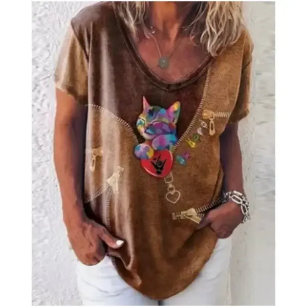 Women’s Retro Anime Cat Graphic T-Shirt – Harajuku V-Neck Summer Tee Kawaii Aesthetic Oversized Blouse Vintage Japanese