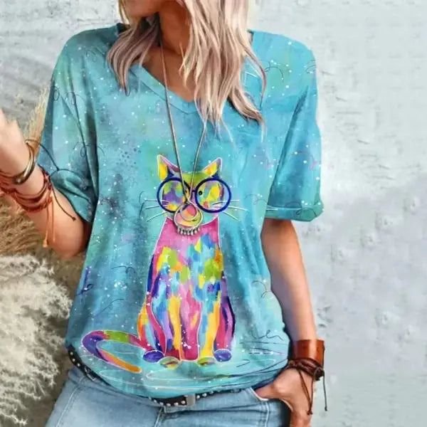 Women’s Retro Anime Cat Graphic T-Shirt – Harajuku V-Neck Summer Tee Kawaii Aesthetic Oversized Blouse Vintage Japanese