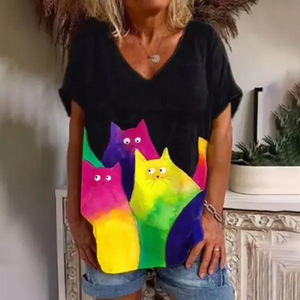 Women’s Retro Anime Cat Graphic T-Shirt – Harajuku V-Neck Summer Tee Kawaii Aesthetic Oversized Blouse Vintage Japanese