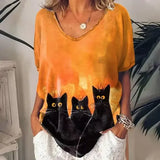 Women’s Retro Anime Cat Graphic T-Shirt – Harajuku V-Neck Summer Tee Kawaii Aesthetic Oversized Blouse Vintage Japanese