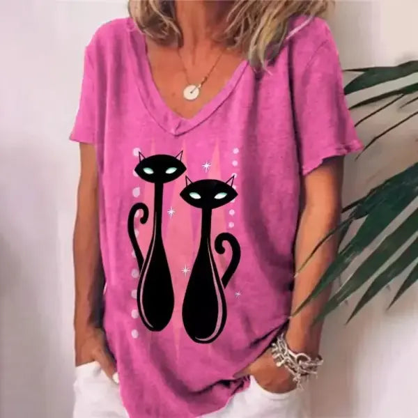 Women’s Retro Anime Cat Graphic T-Shirt – Harajuku V-Neck Summer Tee Kawaii Aesthetic Oversized Blouse Vintage Japanese