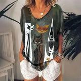 Women’s Retro Anime Cat Graphic T-Shirt – Harajuku V-Neck Summer Tee Kawaii Aesthetic Oversized Blouse Vintage Japanese