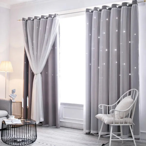 Romantic Sheer Kids Curtains – Double Layer Hollow-Out Stars Drapes - Himpall