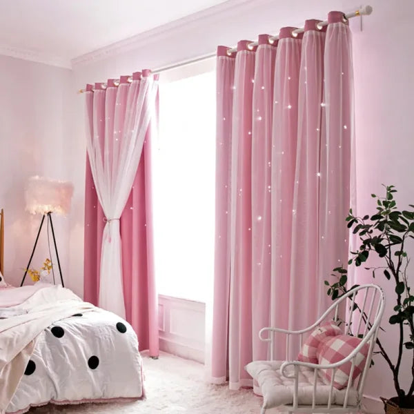 Romantic Sheer Kids Curtains – Double Layer Hollow-Out Stars Drapes - Himpall