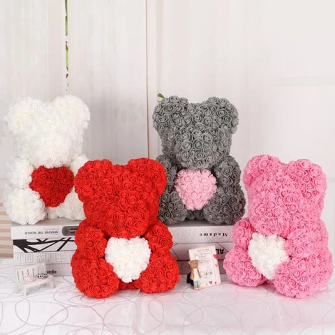 Four decorative teddy bears made of 3cm foam roses, ideal for wedding decor pieces