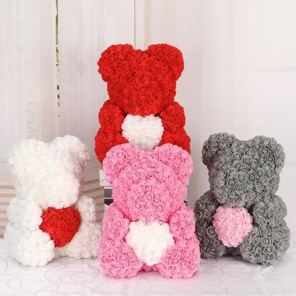 Four decorative teddy bears crafted from Roses 3cm Foam in various colors with heart accents