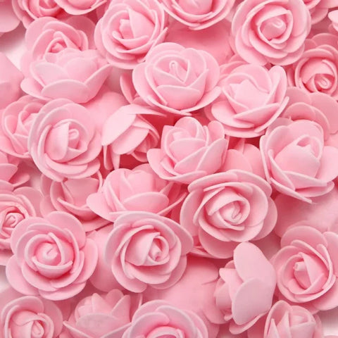 Pink foam wedding decorative roses 3cm arranged in a clustered teddy bear style