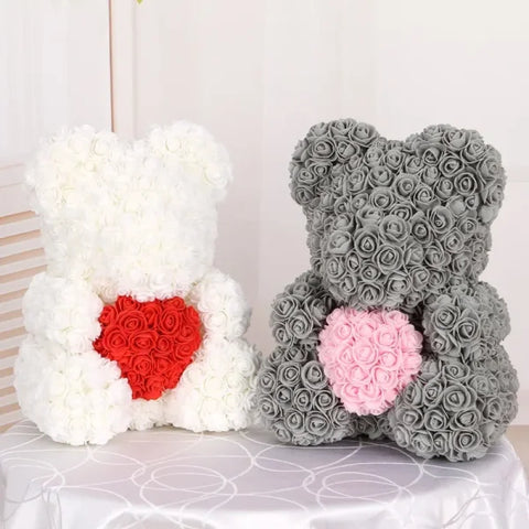 Two foam wedding decorative teddy bears made of roses 3cm, one white and one grey