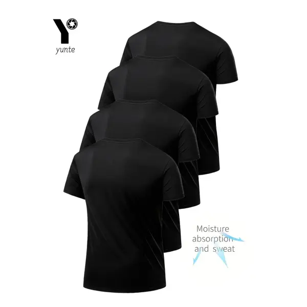 Round Neck T-Shirt 4-Pack Black Ultra-Light Men’s Quick Drying Breathable Sweat-Absorbent Shirt Suitable for Fitness