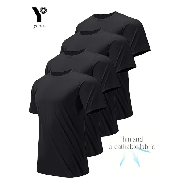 Round Neck T-Shirt 4-Pack Black Ultra-Light Men’s Quick Drying Breathable Sweat-Absorbent Shirt Suitable for Fitness