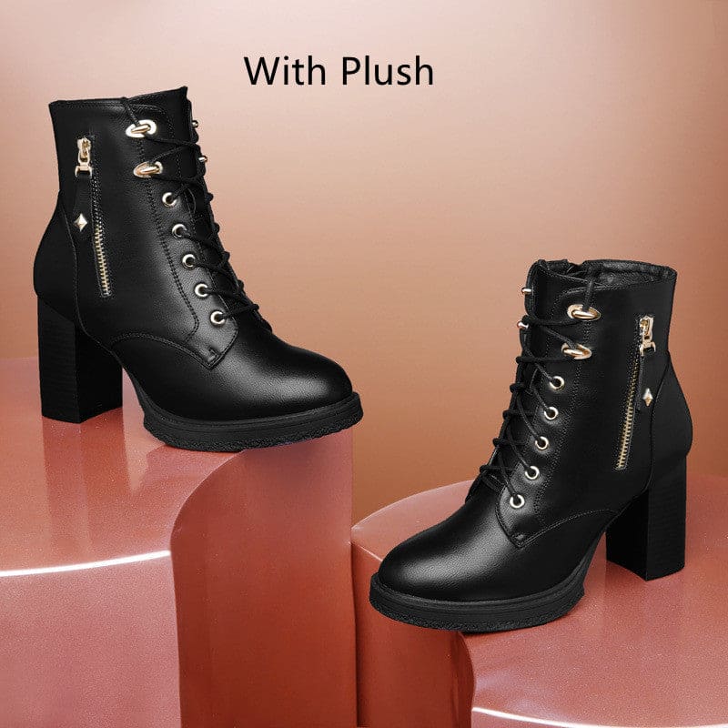 S Women’s Shoes British Style Autumn And Winter Single Boots High Heels Women - Double Zipper Fleece lined / 34