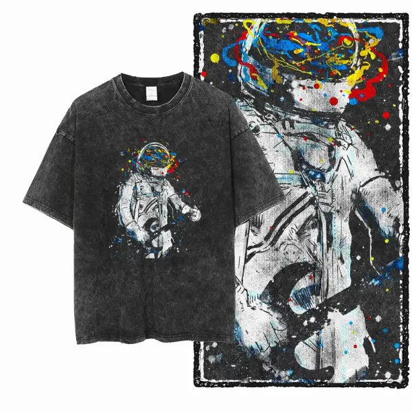 SA ASTRONAUT SPACE THEMES Printed Cotton Acid Washed Graphic Unisex T Shirt Cool Streetwear Men Tshirts Big Size Tee