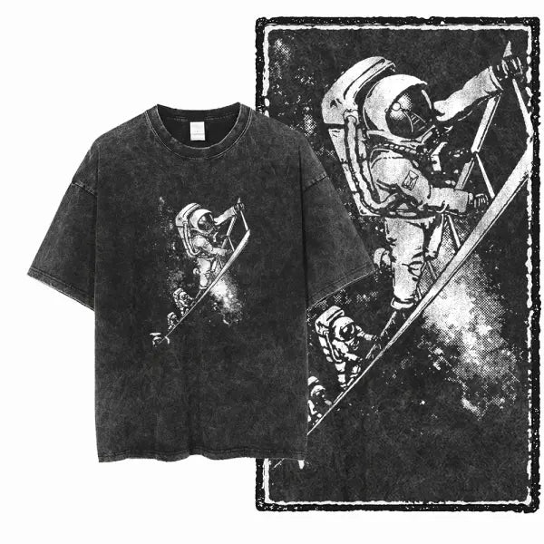 SA ASTRONAUT SPACE THEMES Printed Cotton Acid Washed Graphic Unisex T Shirt Cool Streetwear Men Tshirts Big Size Tee