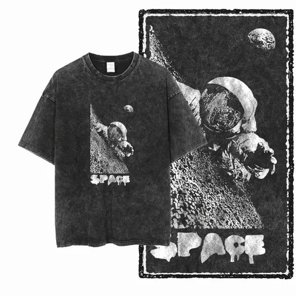SA ASTRONAUT SPACE THEMES Printed Cotton Acid Washed Graphic Unisex T Shirt Cool Streetwear Men Tshirts Big Size Tee