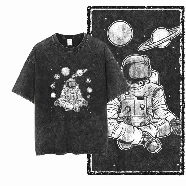 SA ASTRONAUT SPACE THEMES Printed Cotton Acid Washed Graphic Unisex T Shirt Cool Streetwear Men Tshirts Big Size Tee