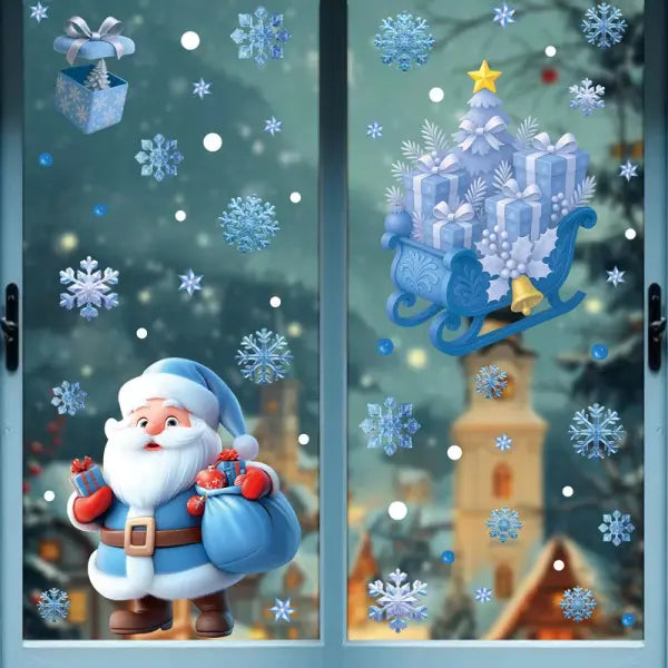 Santa Claus Stickers Blue Snowman Window Decorations Glass Static Stickers Christmas Decorations Snowflake Window