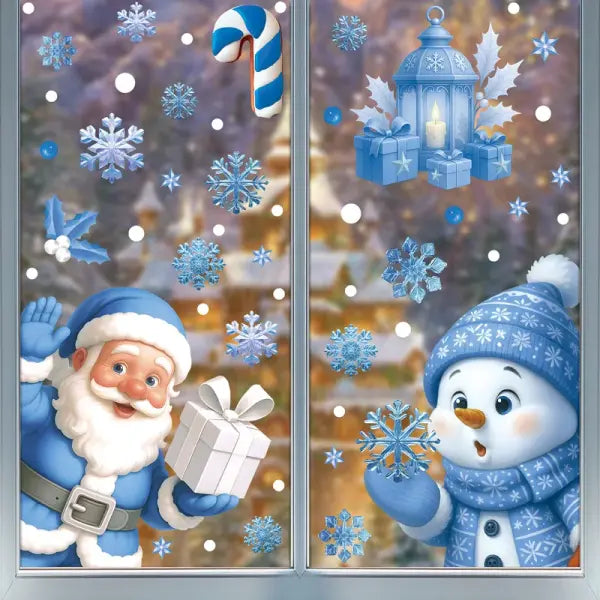 Santa Claus Stickers Blue Snowman Window Decorations Glass Static Stickers Christmas Decorations Snowflake Window