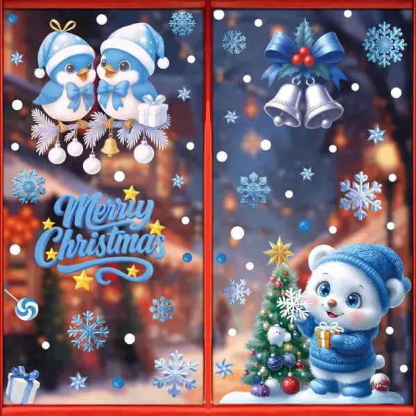 Santa Claus Stickers Blue Snowman Window Decorations Glass Static Stickers Christmas Decorations Snowflake Window