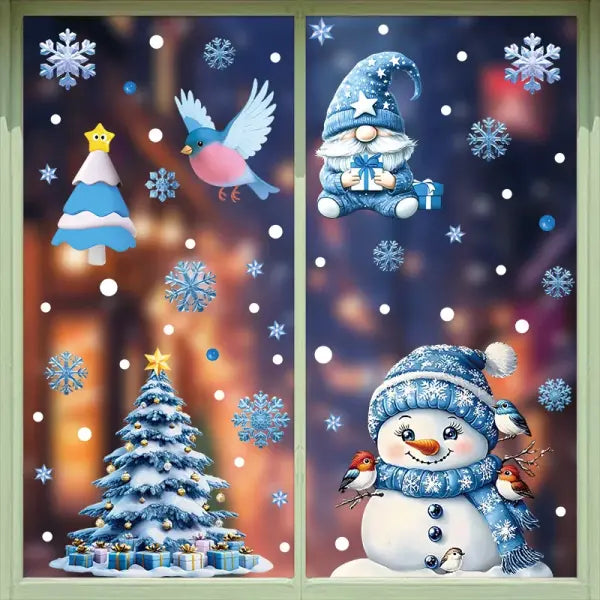 Santa Claus Stickers Blue Snowman Window Decorations Glass Static Stickers Christmas Decorations Snowflake Window
