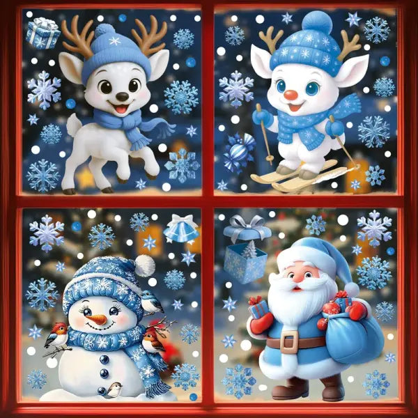 Santa Claus Stickers Blue Snowman Window Decorations Glass Static Stickers Christmas Decorations Snowflake Window