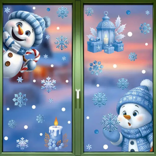 Santa Claus Stickers Blue Snowman Window Decorations Glass Static Stickers Christmas Decorations Snowflake Window