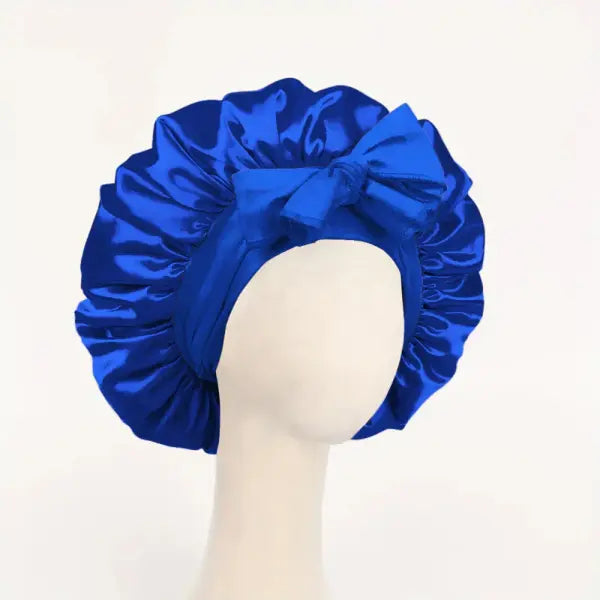 Adjustable Satin Silk Bonnet with Tie Band for Sleeping - Royal Blue