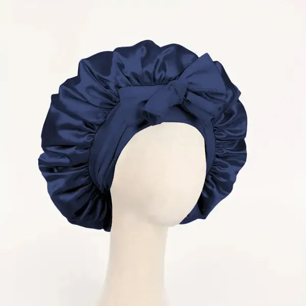 Adjustable Satin Silk Bonnet with Tie Band for Sleeping - Navy Blue