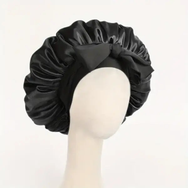 Adjustable Satin Silk Bonnet with Tie Band for Sleeping - BLACK