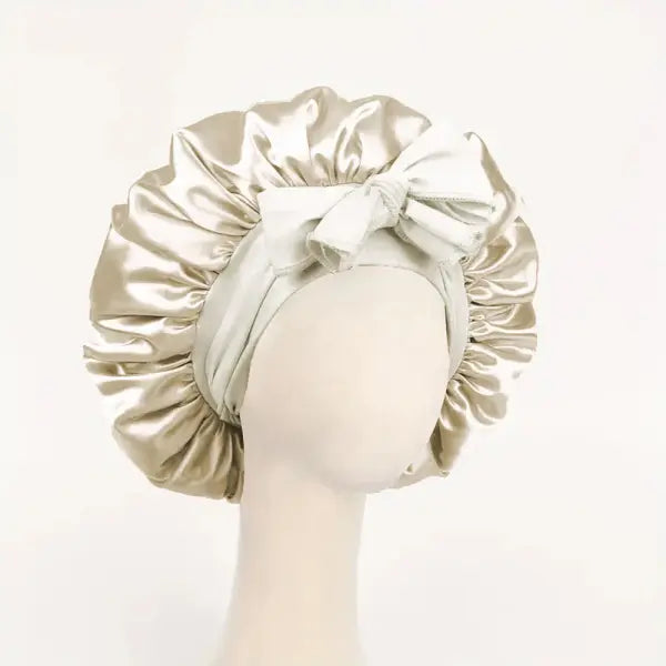 Adjustable Satin Silk Bonnet with Tie Band for Sleeping - Beige