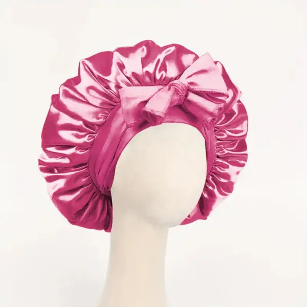 Adjustable Satin Silk Bonnet with Tie Band for Sleeping - Dark Pink