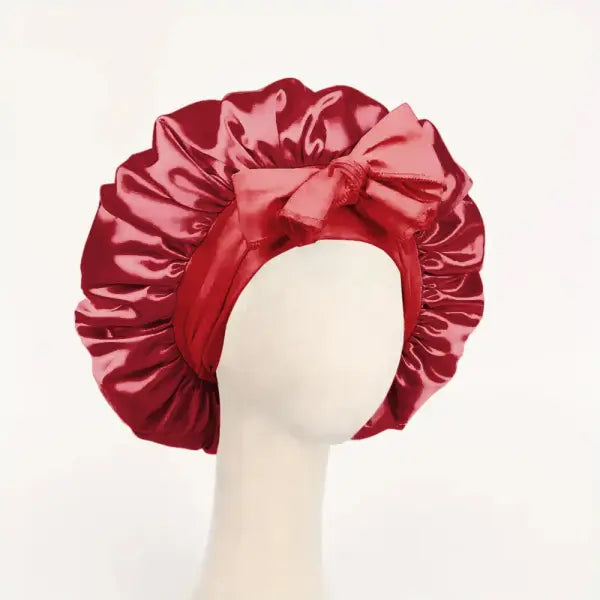 Adjustable Satin Silk Bonnet with Tie Band for Sleeping - RED
