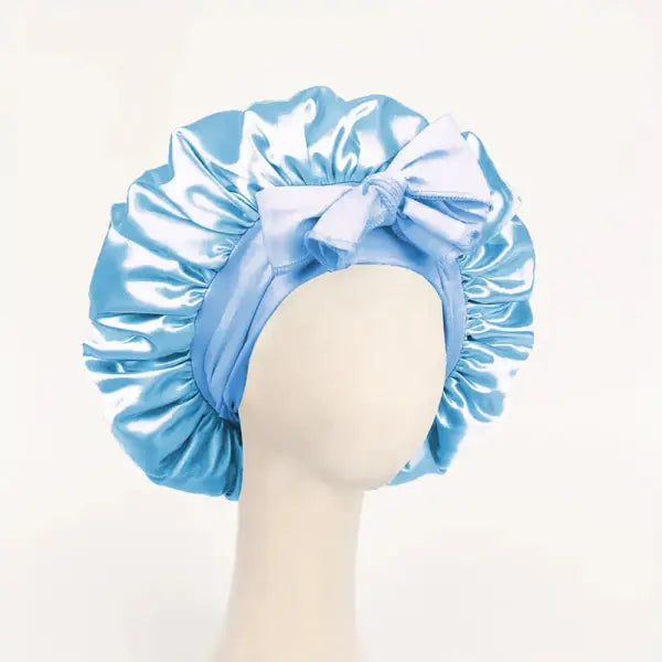 Adjustable Satin Silk Bonnet with Tie Band for Sleeping - Sky Blue