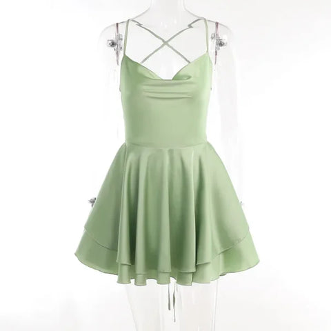 Satin Halter Sling Mini Dress – Sexy Elegant Summer Club Party Dress for Women with Pendant Detail