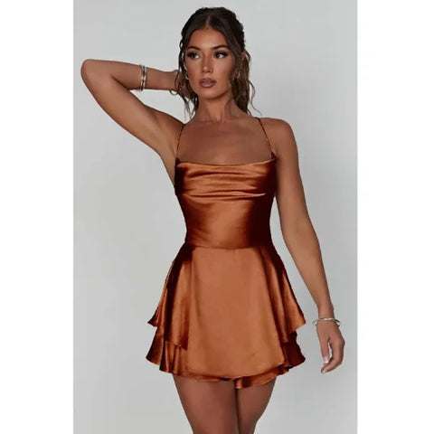 Satin Halter Sling Mini Dress – Sexy Elegant Summer Club Party Dress for Women with Pendant Detail - hakama dark brown