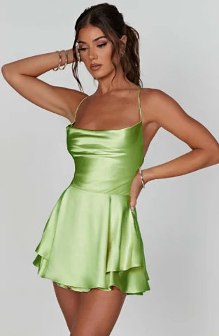 Satin Halter Sling Mini Dress – Sexy Elegant Summer Club Party Dress for Women with Pendant Detail - 1 / S