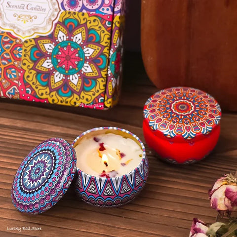 Decorative mandala-patterned tins of scented candles in Arabian Pattern Fragrance jars