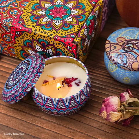Decorative tin scented candle gift with mandala patterns and dried flower petals