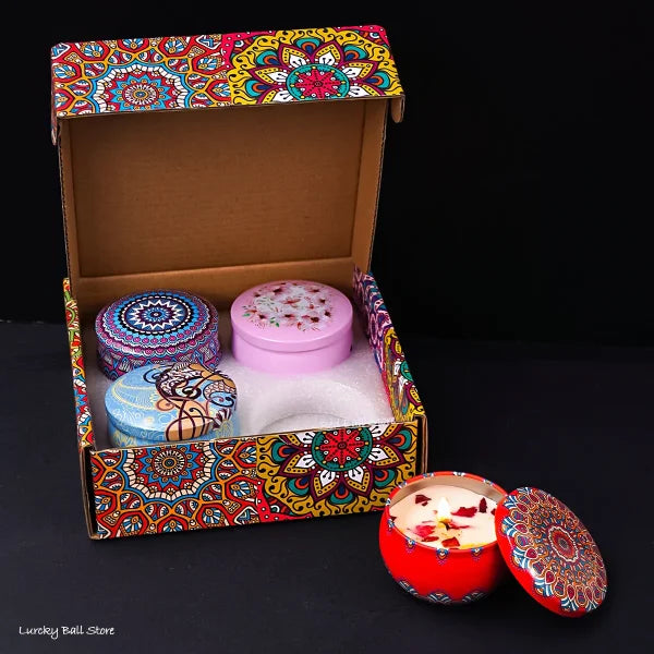 Decorative box with colorful mandala-patterned tins from Scented Candle Gift Set