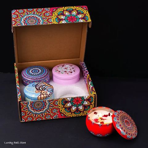 Decorative box with colorful mandala-patterned tins from Scented Candle Gift Set