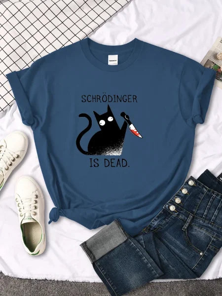 Schrödinger Is Dead Black Cat Print T-Shirt - Oversized Women’s Funny Top - Himpall