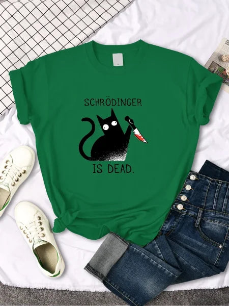 Schrödinger Is Dead Black Cat Print T-Shirt - Oversized Women’s Funny Top - Himpall