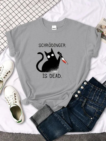 Schrödinger Is Dead Black Cat Print T-Shirt - Oversized Women’s Funny Top - Himpall