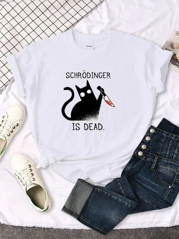 Schrödinger Is Dead Black Cat Print T-Shirt - Oversized Women’s Funny Top - Himpall
